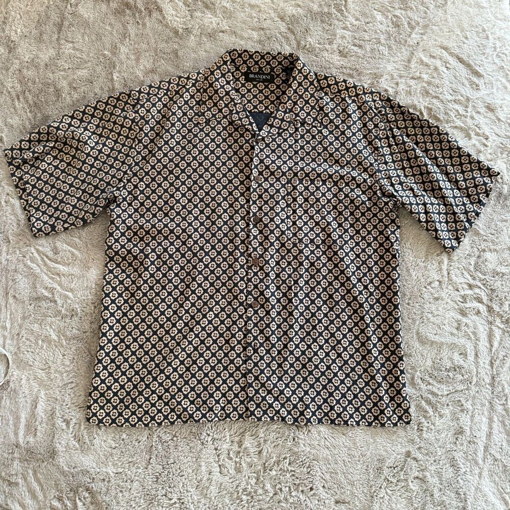 Brandini Men’s XXL 100% Silk Button-Down Shirt Black Beige Geometric Print Aloha